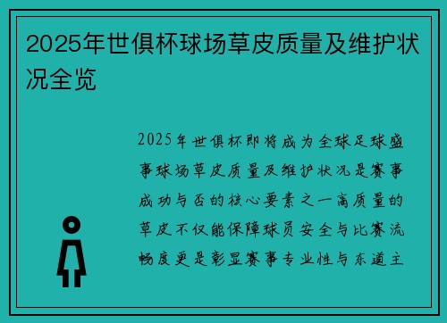 2025年世俱杯球场草皮质量及维护状况全览