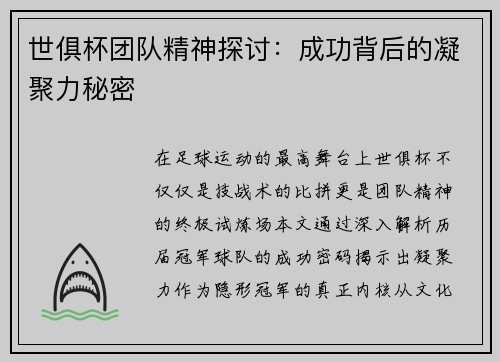 世俱杯团队精神探讨：成功背后的凝聚力秘密